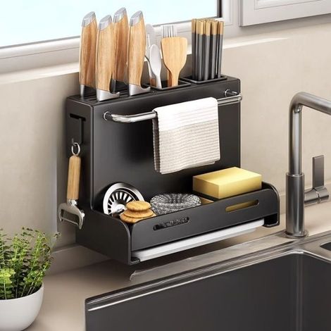 Étagère de cuisine pour couteaux, support de rangement pour couteaux et baguettes, sans perçage, mural, avec plateau égouttoir - 28,7×21×15 cm - Noir (1/5)