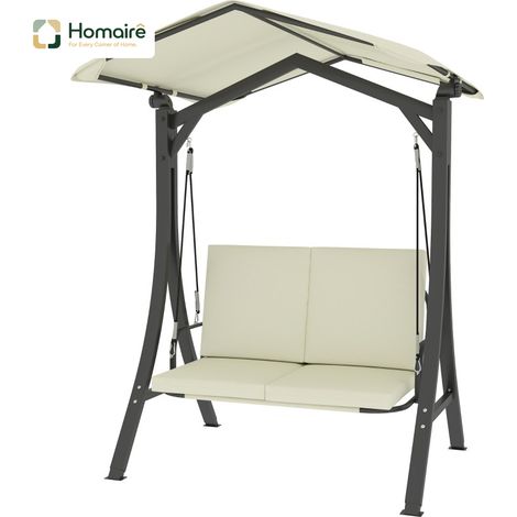 HOMAIRE Hollywoodschaukel 2-Sitzer mit verstellbarem Sonnendach, Sitzauflage, Schutzhülle, UV 30+ Schutz, belastbar bis 220kg für Garten und Terrasse, cremeweiß