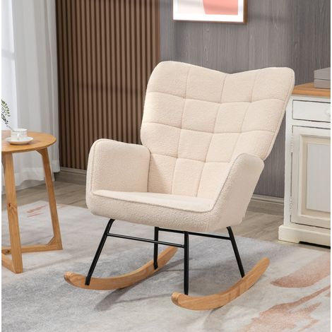 MODFU – Silla mecedora 71x98x101 cm de poliéster, acero y haya con respaldo alto capitoné, reposabrazos y carga 120 kg – Beige (1/5)