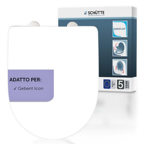 SCHÜTTE Sedile WC adatto per Geberit Icon, con abbassamento automatico, made in EU, coperchio rimovibile in termoindurente infrangibile, coperchio WC e occhiali fino a 250 kg, bianco (1/5)