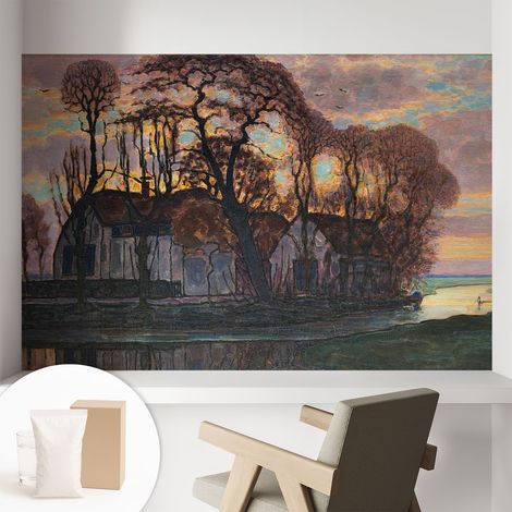 Papier peint intissé avec imprimé pour décoration intérieure pour rénovation a motif - Colle incluse gratuite Paysage nocturne 104x70 cm (1/5)
