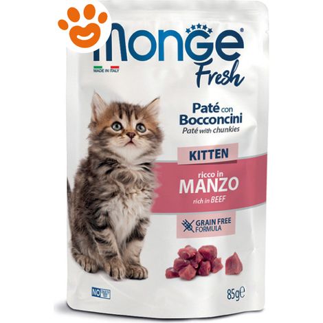 Monge Fresh Cat Kitten Paté con Bocconcini Ricco in Manzo - Bustina 85 Gr - Cibo Umido Gatti