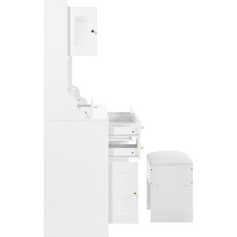 Tocador con espejo, LED regulables y enchufes, 6 cajones y 4 puertas, blanco 105 x 152 x 40 cm (1/5)