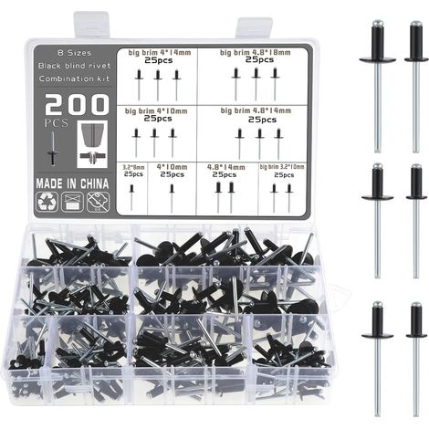Rivet Aveugle - Aluminium - 200 Pièces - 8 Diamètres et Longueurs - Pour Métal Bois Plastique Caoutchouc - Fixation Sans Accès Arrière
