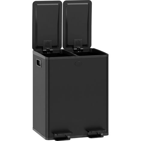 Poubelle de cuisine en acier inoxydable à 2 compartiments (2 x 20 L), pédale, couvercles à fermeture douce et seau amovible, noire (1/5)