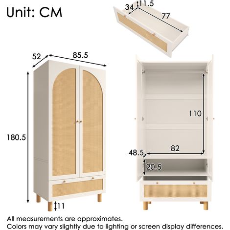 Armoire campagnarde blanche 2 portes en rotin, tiroir spacieux, étagères ajustables, penderie intégrée, système anti-renversement, dimensions 180x85x52 cm