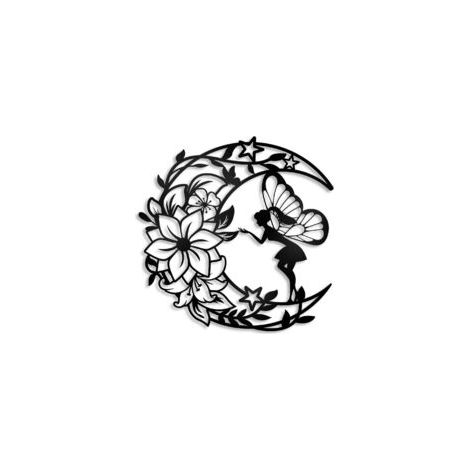 Schwarze Metall-Wanddekoration, Mondblumen-Feen-Wandskulpturen aus Metall, Dekoration für Mädchenzimmer, Wohnzimmer, Garten, Badezimmer (30 x 30 cm) - Crezuo