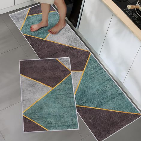 Ensembles de Tapis de Cuisine Tapis sur Pied Lavable 2 pièces en Microfibre Antidérapant Tapis de Sol pour Cuisine, évier, Couloir, buanderie, 43 x 75 cm + 43 x 150 cm, Triangle Upgrate (1/5)