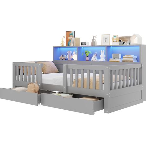 Lit enfant 90 x 200 cm avec barrière de sécurité, tête de lit haute avec rangements, 2 tiroirs et LED, gris, gain de place pour chambre moderne  CHICFURN (1/5)