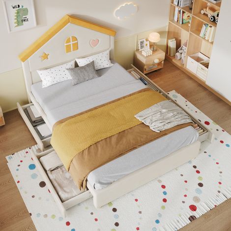 Lit cabane 140 x 200 cm avec rangements intégrés, 4 tiroirs, tête de lit, structure fonctionnelle, organisation pratique, velours, beige (1/5)