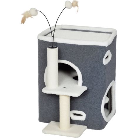 Árbol rascador para gatos con cama superior y casa de 2 niveles de sisal gris HOMVRA (1/5)