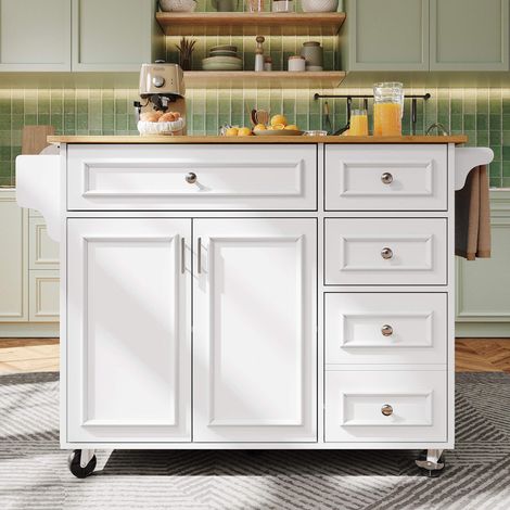 Îlot de cuisine blanc 110 cm avec plateau rabattable, meuble rangement multifonction avec tiroirs et étagères réglables, desserte roulante cuisine salle à manger (1/5)