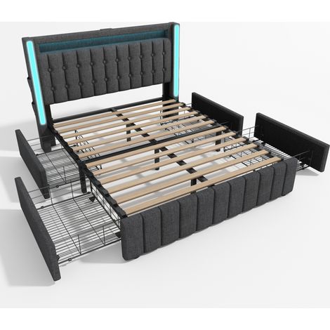 Gepolstertes graues Bett 160x200 cm mit USB-/Type-C-Ladefunktion, LED und 4 Schubladen (1/5)