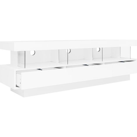 Meuble TV blanc laqué 160x38x50,5 cm avec 3 compartiments en verre et éclairage LED contrôlable par App Bluetooth pour TV jusqu'à 70 pouces (1/5)
