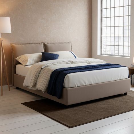 Dmora - Cama matrimonial Dabdelli, Cama contenedor con revestimiento de tela, 100% Made in Italy, Apertura frontal, adecuado para colchón Cm 160x200, Tórtola (1/5)
