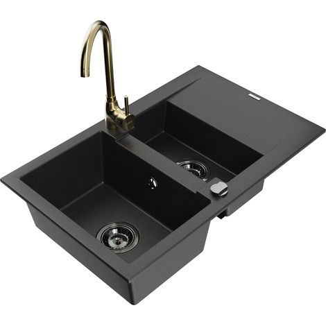Mexen Gaspar évier en granit 1,5 cuve avec égouttoir et robinet cuisine Telma, noir - 6507-77-670200-50-B (1/5)