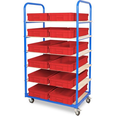 BRB Etagenwagen mit 6 Ebenen, BxTxH 1050x500x1690 mm, bestückt mit 12 Euroboxen BxTxH 600x400x120 mm, 2 Lenk-/2 Bockrollen (rot)
