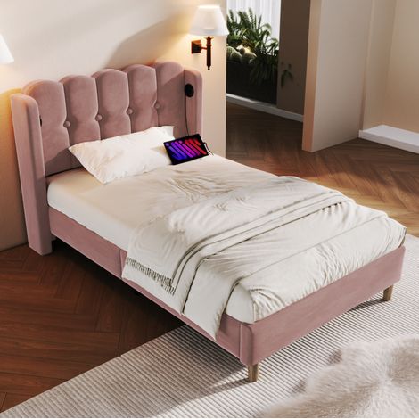letto camera 90x200 USB C rosa testiera imbottita OKMYHOME (1/5)
