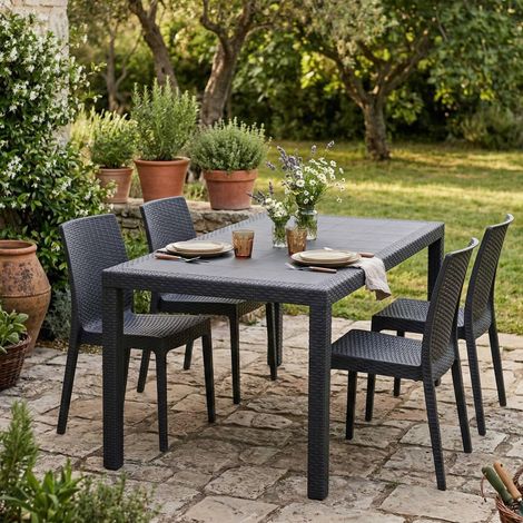 Table d'extérieur, Étagère à manger rectangulaire, Table de jardin polyvalente effet rotin, 150x90h72 cm, Anthracite (1/5)
