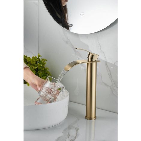 Wasserfall Küchenarmatur Hochauslauf gebürstetes Gold Messing Einhebelmischer 3/8" Anschlüsse