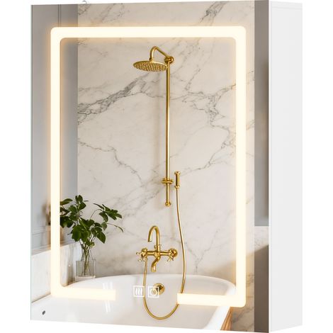 Armoire murale salle de bain avec miroir et éclairage LED, anti-buée, étagères réglables, 50 x 15 x 60 cm, blanc (1/5)