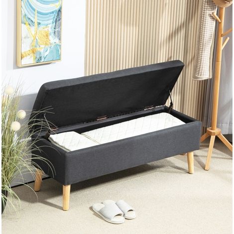 Banc coffre rembourré avec rangement et assise relevable, banc de chambre style scandinave en tissu aspect lin, bois, 110 x 39 x 45 cm, gris foncé - CHICFURN (1/5)