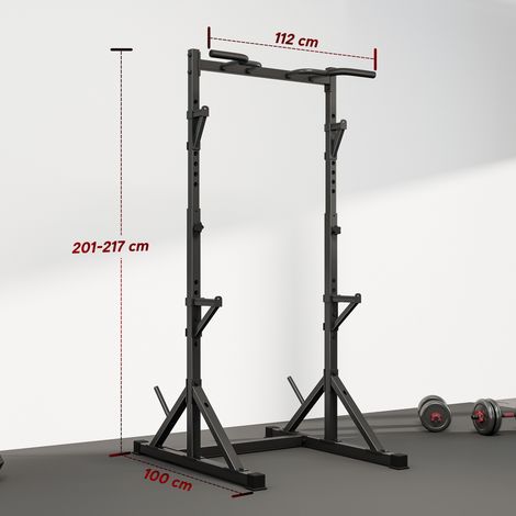 Support à squats réglable (avec double support, porte-disques et barre de traction), acier, 112-100 cm x 201-217 cm, noir (1/5)
