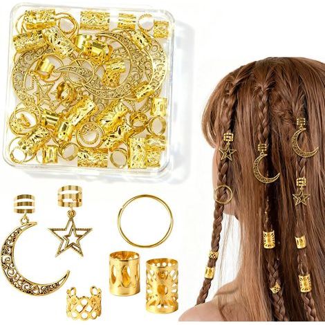 Conjunto de 60 adornos y cuentas doradas para el cabello, joyas doradas para el cabello con dijes de estrella y luna para trenzas, pinzas de aleación para mujer, accesorios barrocos para fiestas (1/5)