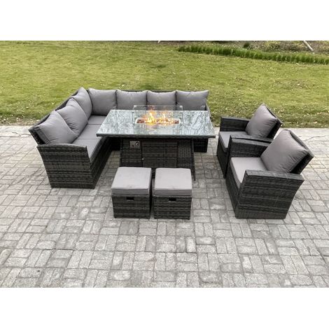 Fimous 10 Seater Rattan Garden Furniture High Back Corner Sofa Gas Fire Pit Dining Table Sets Gas Heater with Armchair 2 Small Footstools Dark Grey Mixed