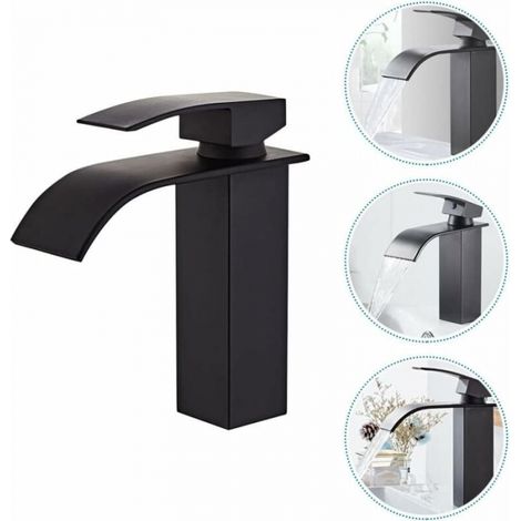 Robinet Salle de Bain et Deux Tuyaux d'Entrée, Robinet Lavabo avec Eau Froide & Chaude Disponible, Design Moderne de Cascade Robinet Lavabo, Conception Durable de Corps de Valve de Cuivre Noir (1/5)