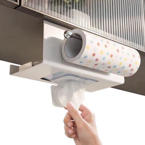 Distributeur de papier essuie tout 2 en 1 à fixer sous un meuble, support mural auto adhésif sans perçage pour salle de bain, rangement (1/5)