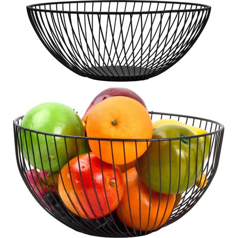 Lot de 2 paniers à fruits noirs, paniers à fruits modernes en métal, paniers de rangement en fer, paniers décoratifs en fil de fer multifonctionnels pour la cuisine ou la maison (1/5)