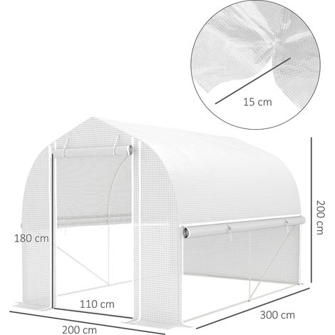 Serre de jardin 3x2x2 m en aluminium robuste, abri tunnel UV avec 4 ouvertures et porte, panneaux latéraux enroulables, structure acier galvanisé blanc, idéale pour culture tomates et légumes. (1/5)