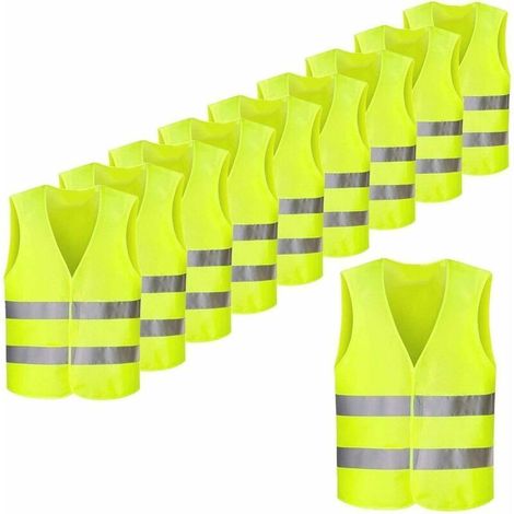 Lot de 10PCS Gilets de Sécurité Jaune Fluo Réfléchissant, Haute Visibilité pour Cycliste, Conducteur, Coureur, Eboueur etc,56x68cm