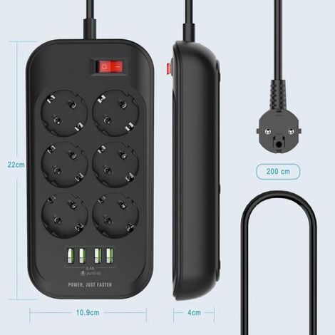 Multiprise Electrique USB - - 6 Prises - 4 Ports USB - Protection Contre Les Surtensions (1/4)