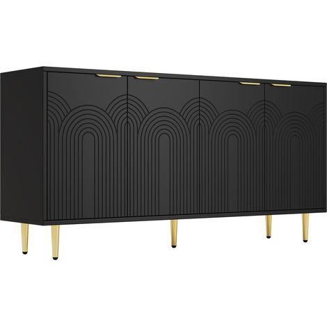 Buffet avec 4 portes noire avec poignées dorées brossées et pieds laqués brillants 160×80×40 cm (1/5)