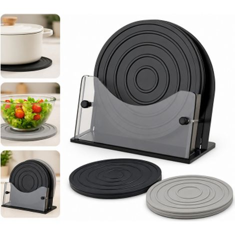 4 Sous Plats Silicone Rond 18 cm Noir et Gris + Support Acrylique Rangement Cuisine Table Anti Chaleur Style Nordique Moderne (1/5)