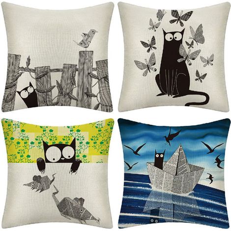 4 Pcs Housse De Coussin 45x45cm en Lin d'extéRieur Taie DéCoratif Canapé Taie d'oreiller pour Canapé Maison Salon, Chambre,Chaise,Lit (Chat Noir) (1/5)