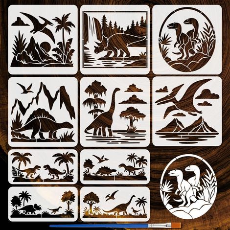 10Pcs Pochoir de Peinture Dinosaures Avec Pinceau 15/30cm Période Jurassique Plantes et Dinosaures Motif Dessin Modèle DIY Art Décor Pochoir pour Peinture sur Bois Mur Tissu Meubles (1/5)