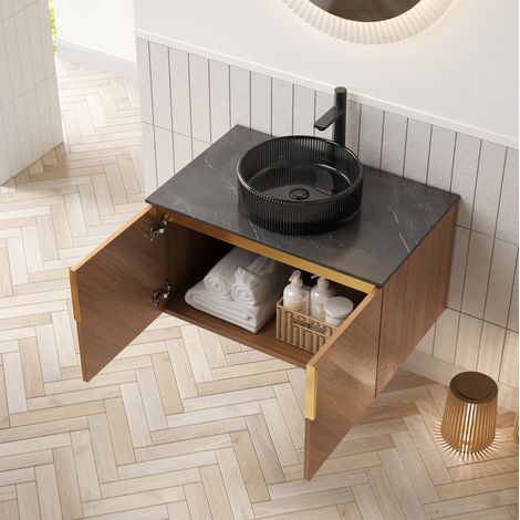 Mueble de lavabo suspendido 76 cm en roble marrón y negro, con lavabo redondo de vidrio y 2 puertas (1/5)