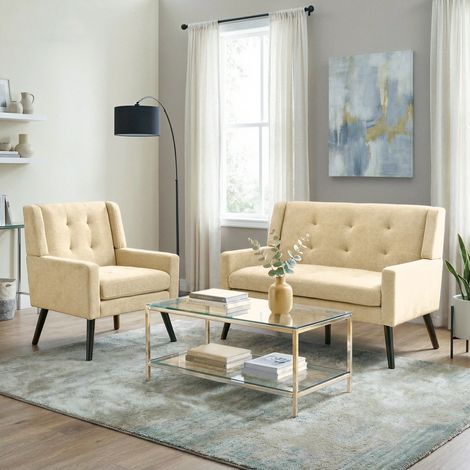 Set di 2 poltrone imbottite beige in tessuto con gambe in legno massiccio,119x75x88 cm (1/5)