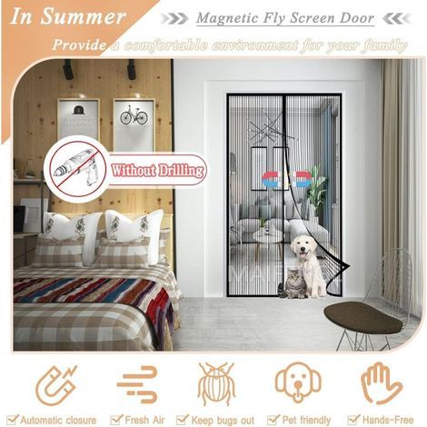 Magnétique Moustiquaire Porte, Auto-Adhésif Rideau en Maille Rideau Moustiquaire Fermeture Automatique, Magnétique Moustique Sans Perçage-Black-A 120x220cm(47x86inch) (1/4)