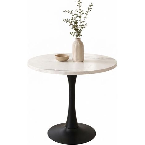 ELVMI Mesa de Comedor Redonda para 2 a 4 Personas, Tablero con Aspecto Mármol, de MDF y Metal, 80 cm, Blanco y Negro (1/5)