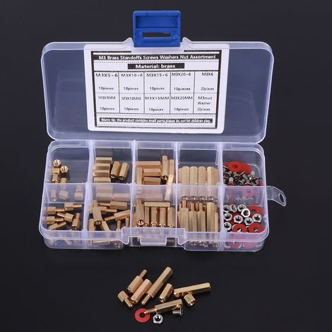 Assortiment de 140 entretoises, vis, rondelles et écrous en laiton M3, avec visserie hexagonale et accessoires de quincaillerie. (1/5)
