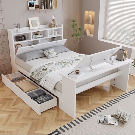 Lit 140x200 cm blanc en bois avec rangements et table rabattable réglable (1/5)