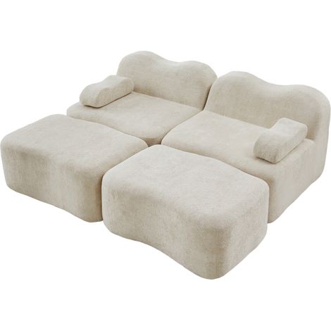 Divano modulare 2 posti con 2 pouf, schiuma 32D ad alta densità, velluto beige (1/5)