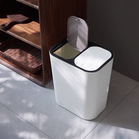 12L Dual Compartment Waste Bin with Push Button, White (1/5)
