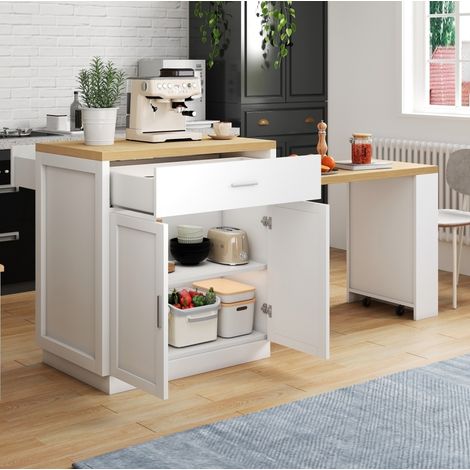 Isola cucina 188x55x92 cm in MDF bianco con tavolo estensibile e contenitore - MEUBLIV (1/5)