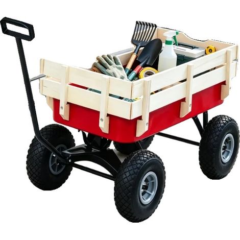 Handwagen, Tragfähigkeit 150 kg, Gesamtabmessungen 99 x 49,5 x 52,5 cm, Griffhöhe 65 cm, Raddurchmesser 25,5 cm, Material Stahl und Kiefernholz (1/5)
