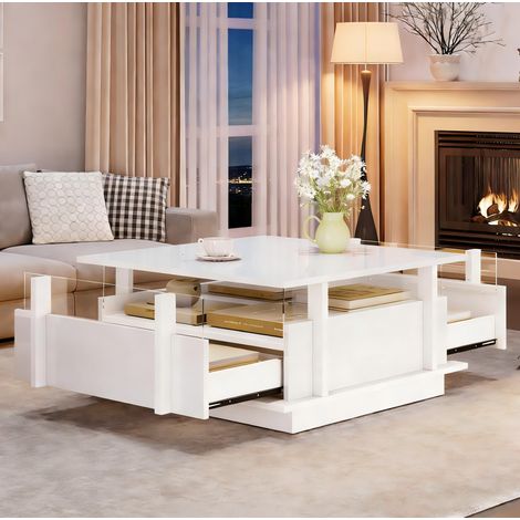 Mesa de centro 70 x 70 x 35 cm con 2 cajones, LED, blanca DESVIAE (1/5)